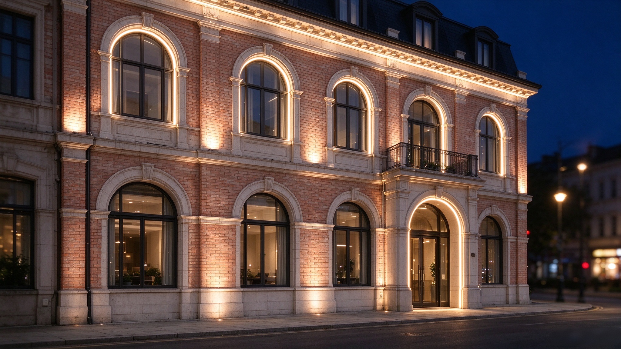 LED Lighting for Building Facade Details Warm white architectural lighting highlighting windows and columns on a classical building facade