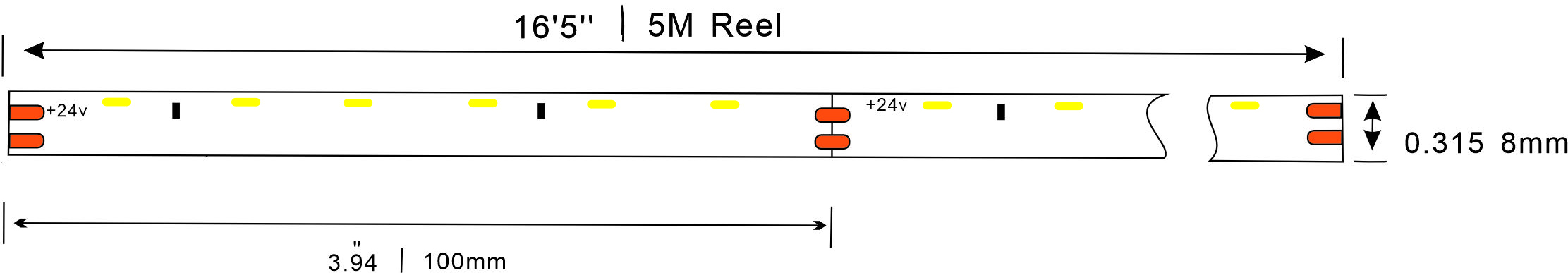 335 side emitting LED strip 60led 24v Dimensions