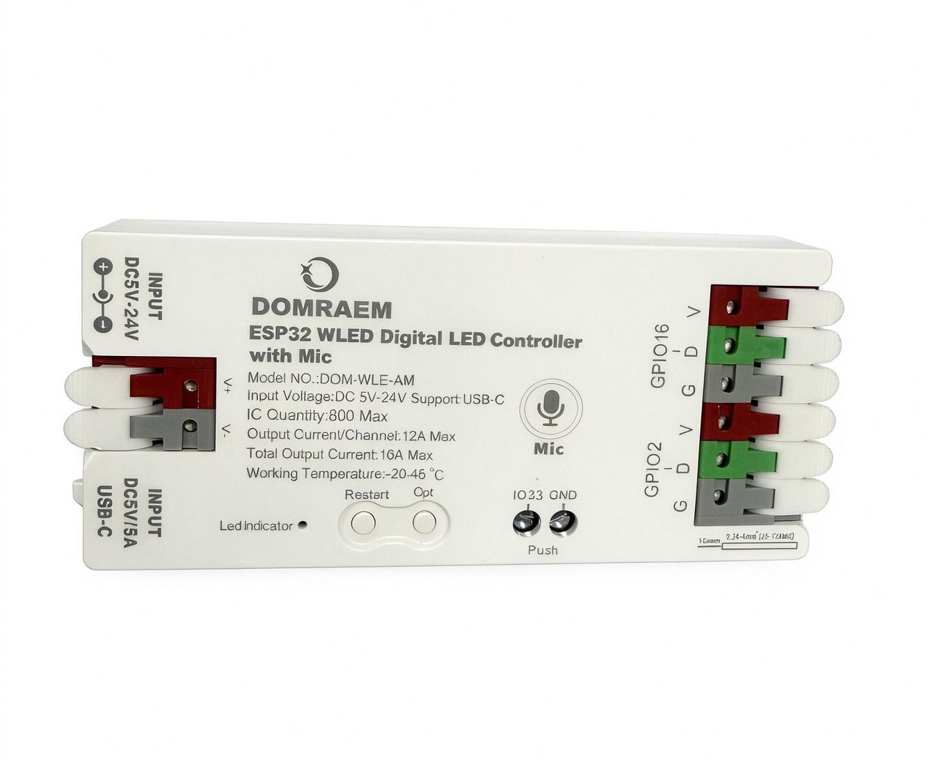 ESP32 digital LED strip controller with microphone and data terminals