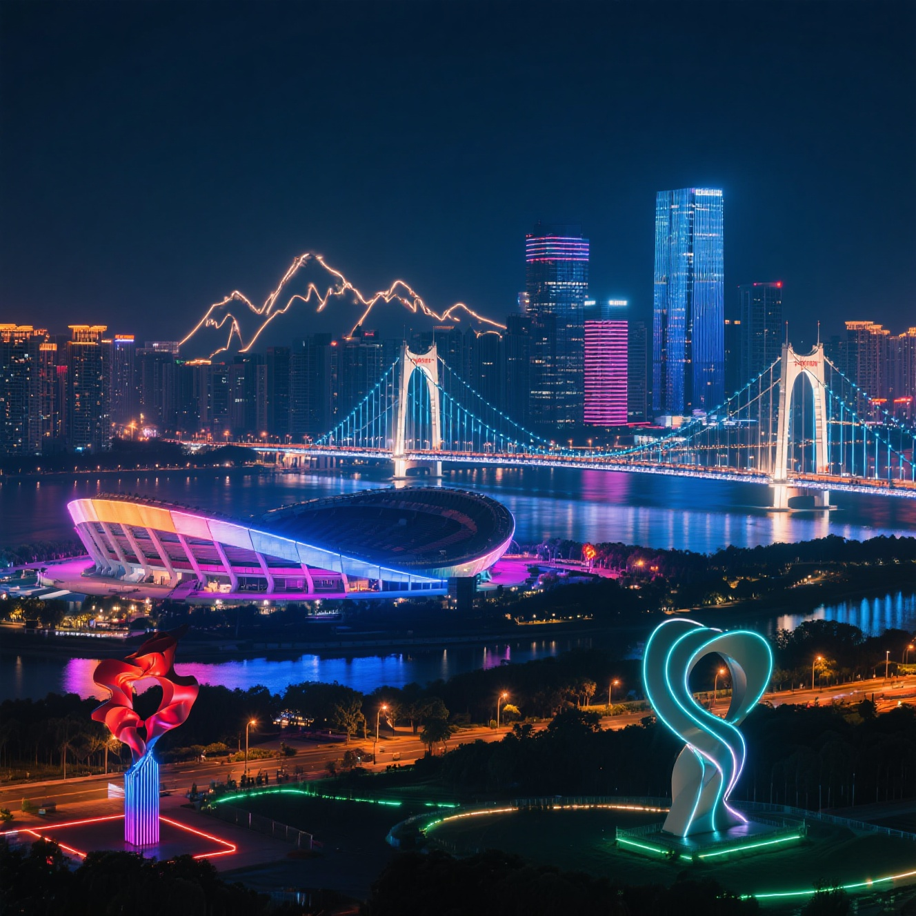 Architectural LED Lighting for Landmark Outlines Colorful architectural lighting outlining a bridge, buildings and landscape features at night