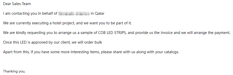 Qatar hotel client inquiry for COB LED strip samples