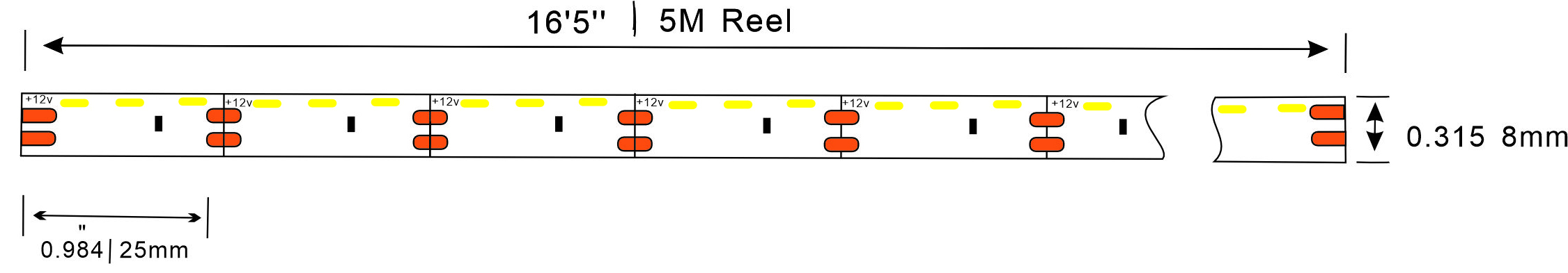 335 side emitting 120led 12v LED strip Dimensions