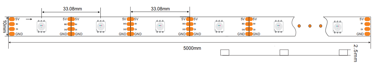 WS2813B led strip lights programmable 5V 30D  Dimensions 