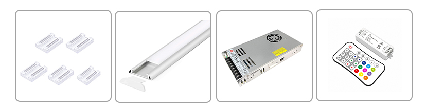 LED strip accessories including aluminum profiles, LED connectors and LED controllers
