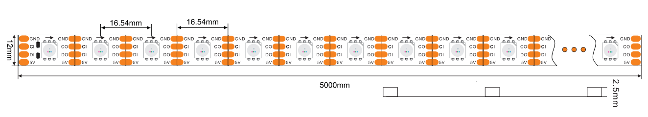 HD107S flexible led strip light 60D 5V Dimensions