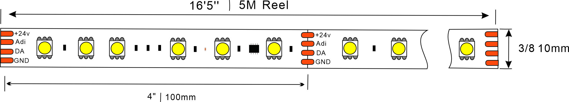 DMX512B3 White Pixel LED strip DC24V 10mm Dimensions