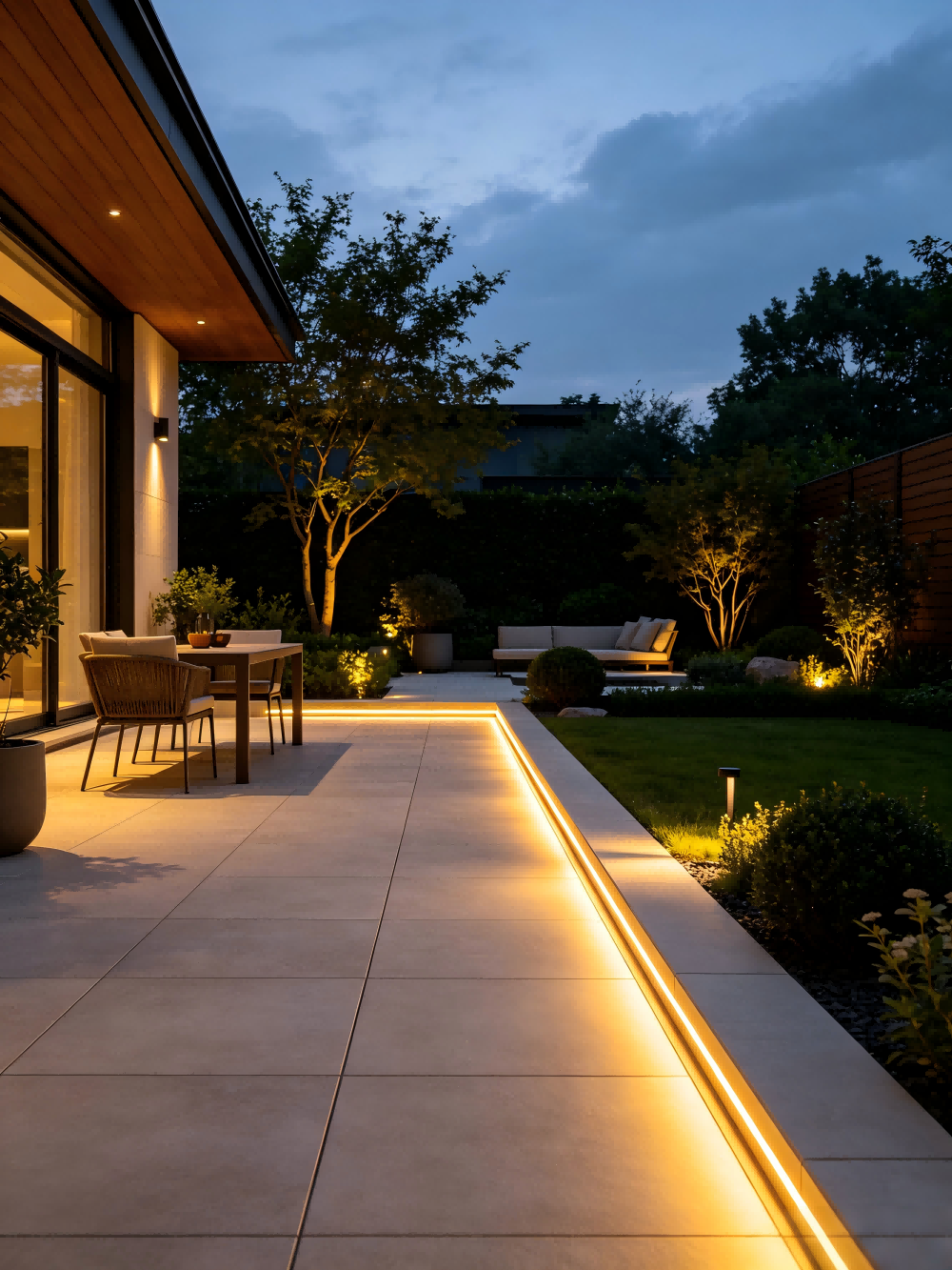 Embedded ambient light strips for courtyard wall tiles