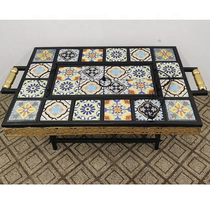 HQMF-S82431 HongQiang Mosaic Metal Fire Pit Table for Garden Outdoor Cooking BBQ Tile Table