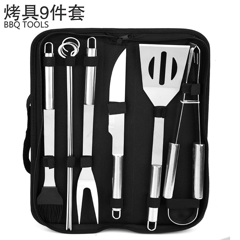 9pcs Stainless Steel Charcoal Barbecue Grill Accessories BBQ Tools Set with Carry Bag