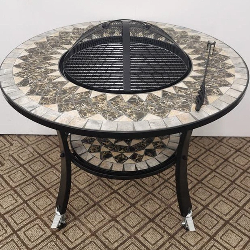 HQMF-R701 HongQiang Mosaic Brazier for Garden Outdoor Cooking with Wheel Fire Pit Tile Table