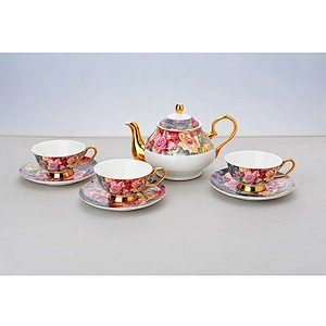 bone china factory hot sale colorful flower with golden rim coffee set tea set color design decal plates
