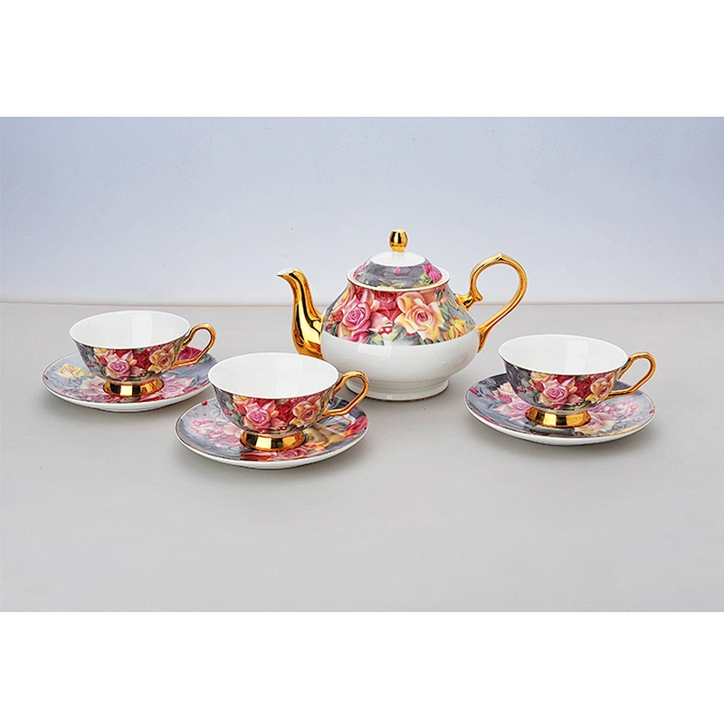 bone china factory hot sale colorful flower with golden rim coffee set tea set color design decal plates