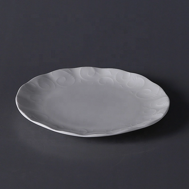P&T Royal Ware custom chaozhou white round embossed bone china ceramic dinner plates for restaurant