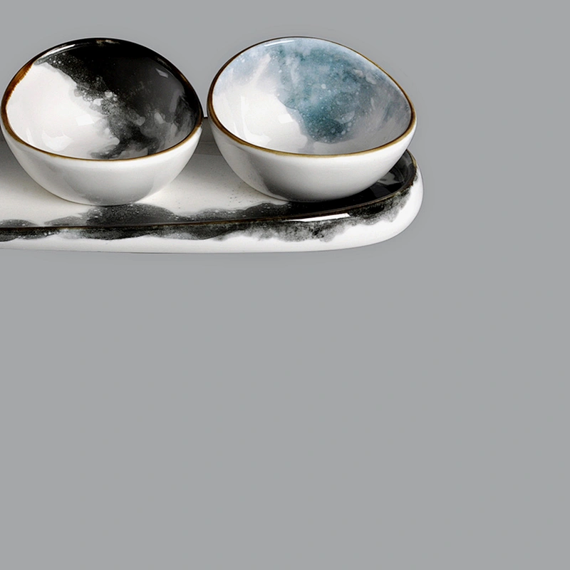 wholesale Porcelain Ceramic abalone shape  Dip Sauce Ramekins Appetizer Tapas bowl with long tray