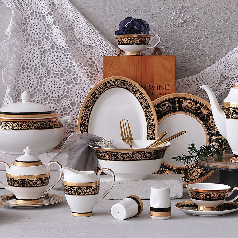 P&T Royal Ware A Grade Dinnerware Hotel Tableware Bone China Decal Plates Embosed Golden Plates Porcelain Hotel Catering Plates