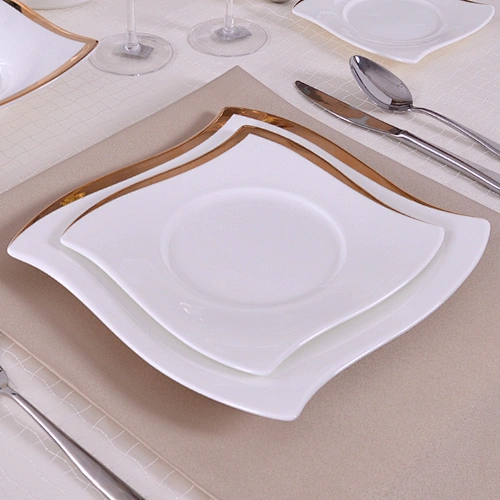 P&T Royal Ware Golden Rim Catering Plates Bone China Hotel Ware Square Dinner Plate For Restaurants