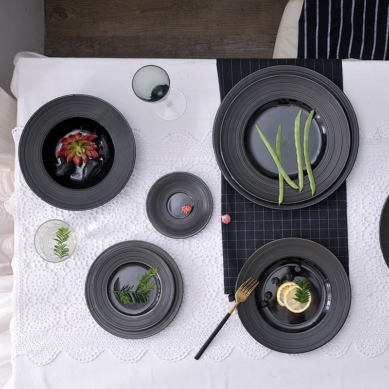 unique round restaurant porcelain black dinner ware sets ceramic dinner plates for catering