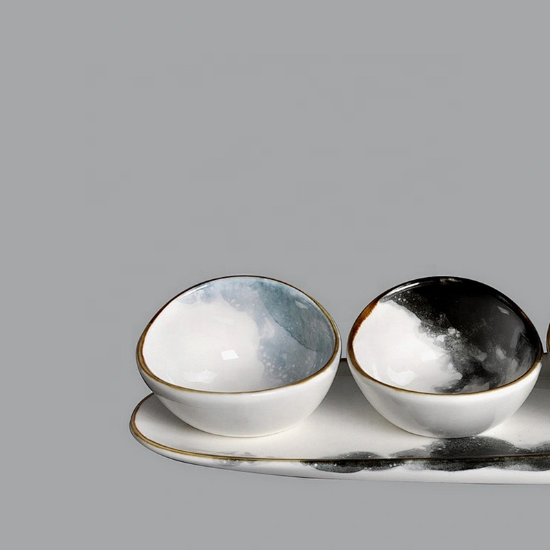 wholesale Porcelain Ceramic abalone shape  Dip Sauce Ramekins Appetizer Tapas bowl with long tray