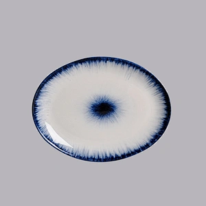 China Restaurant On Glaze Blue, Chaozhou Factory Hotel Reactive Rim Pottery Plate, Oval Plate~