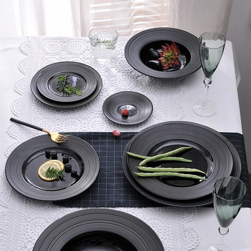 unique round restaurant porcelain black dinner ware sets ceramic dinner plates for catering