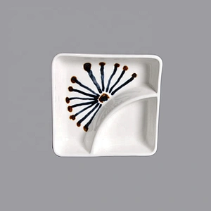 wholesale blue glazed 2 compartment square snack divided dinner plates ceramic for 5stars hotel