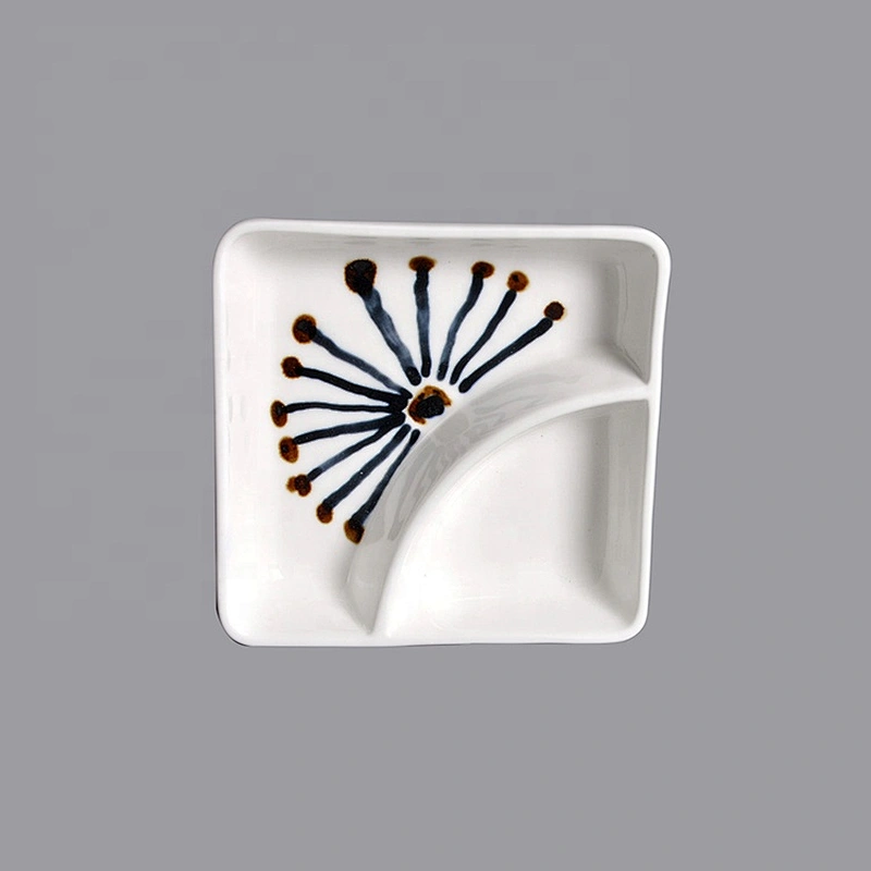 wholesale blue glazed 2 compartment square snack divided dinner plates ceramic for 5stars hotel