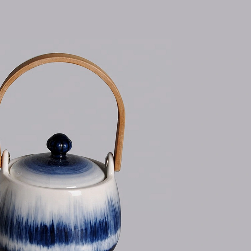 wholesale glazed japanese style blue china ware ceramic porcelain tea pot with wood handle