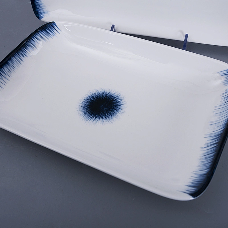Manufacturer White Blue Japanese Restaurant Porcelain Ceramic Rectangular Plate