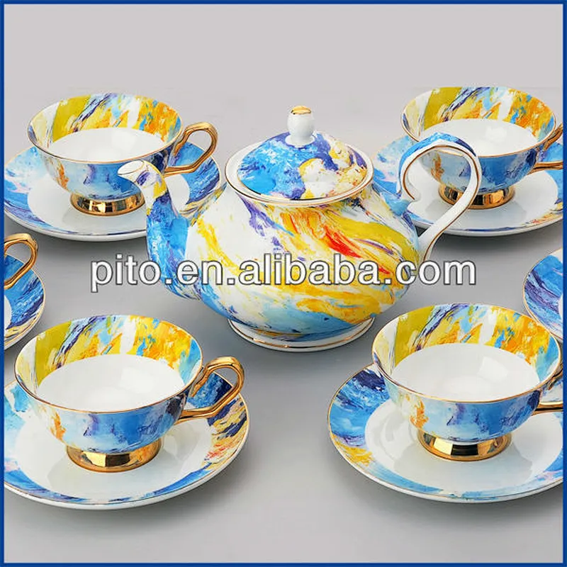bone china factory hot sale colorful flower with golden rim coffee set tea set color design decal plates