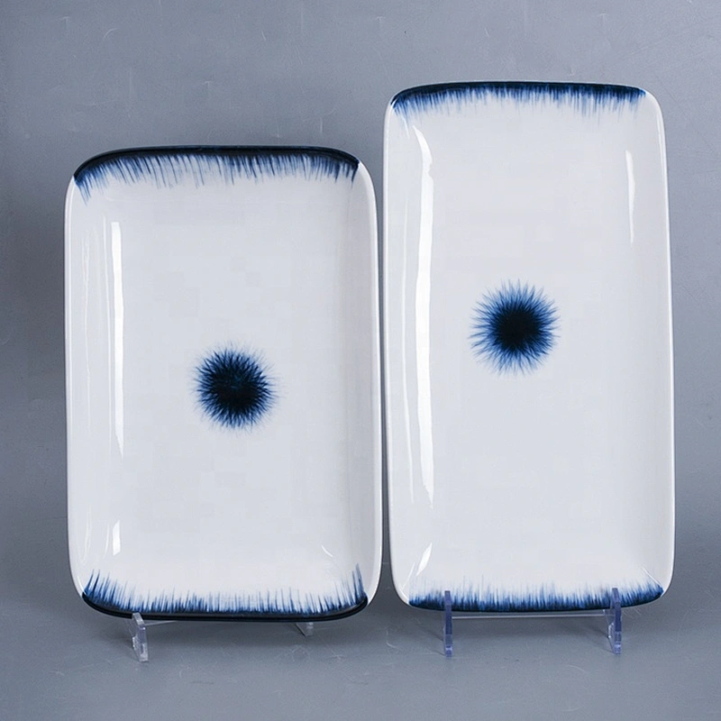 Manufacturer White Blue Japanese Restaurant Porcelain Ceramic Rectangular Plate