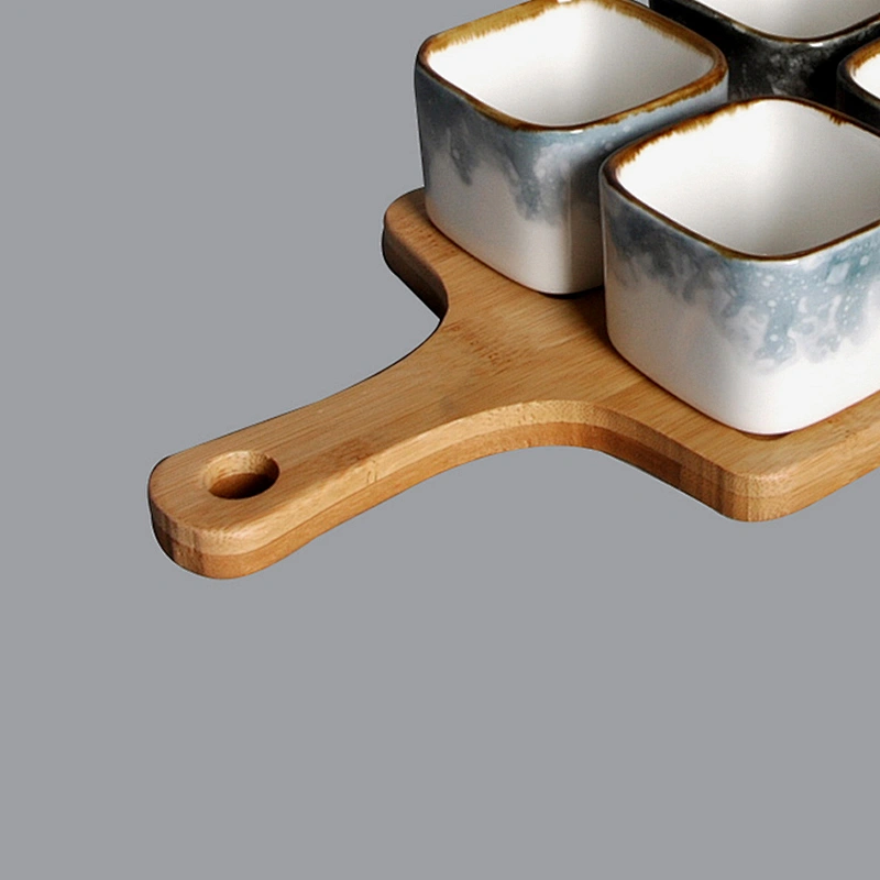 Snack Compartment Condiment Serving Set Ceramic square Dip Sauce Ramekins Appetizer Tapas saucer with Bamboo Handle Tray