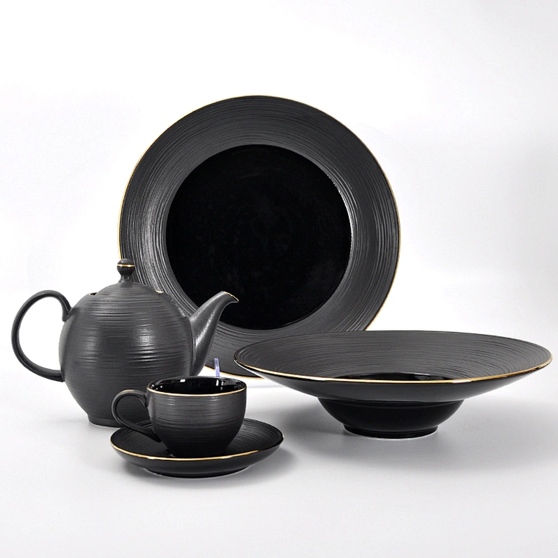 New Product Western Style Crockery Black Dinnerware, Gold Rim Dinner Plates