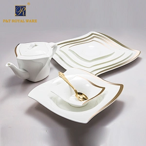 Hotel ware bone china tableware dinnerware wedding gold rim plates teapot cup set restaurant tabletop