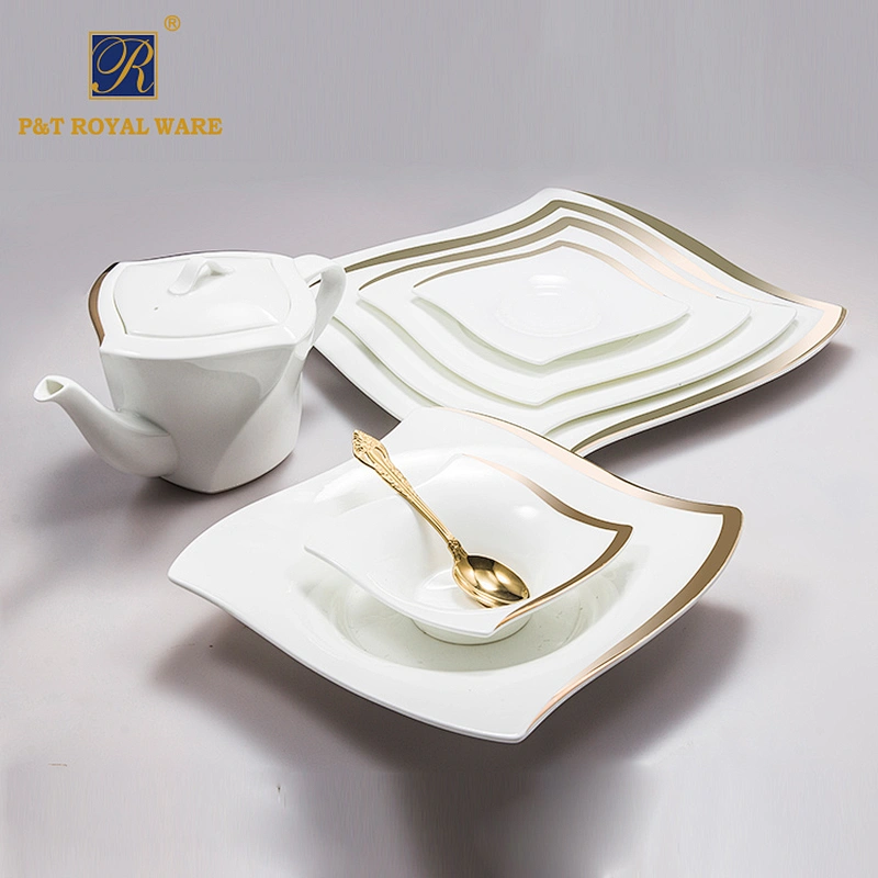 Hotel ware bone china tableware dinnerware wedding gold rim plates teapot cup set restaurant tabletop