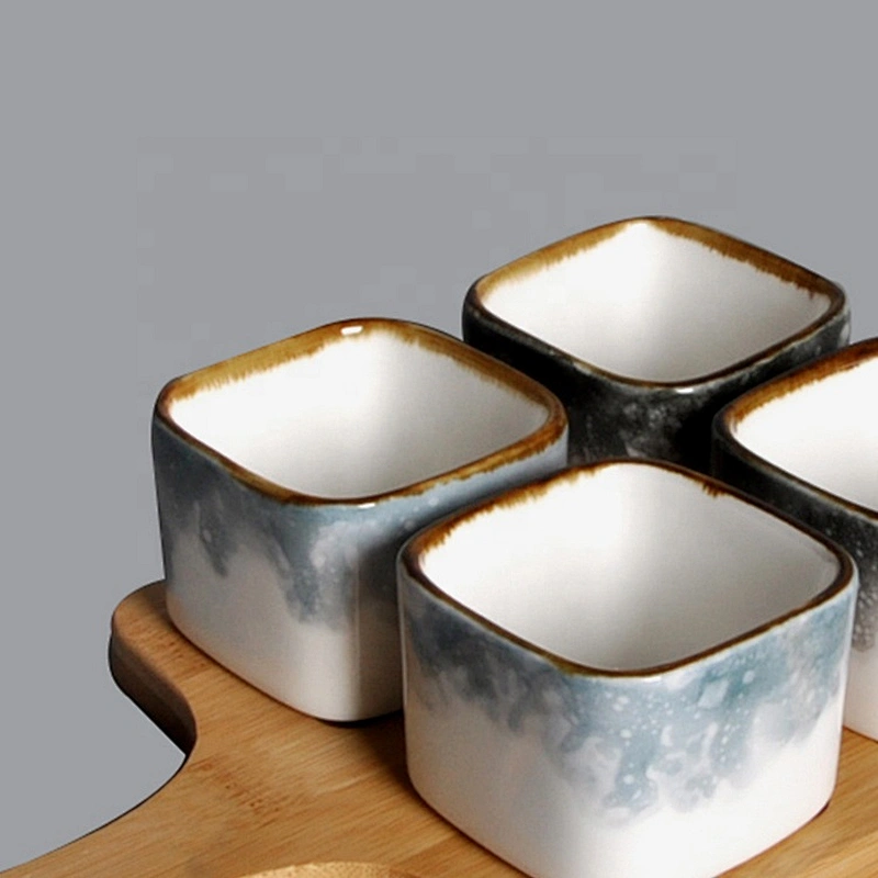 Snack Compartment Condiment Serving Set Ceramic square Dip Sauce Ramekins Appetizer Tapas saucer with Bamboo Handle Tray
