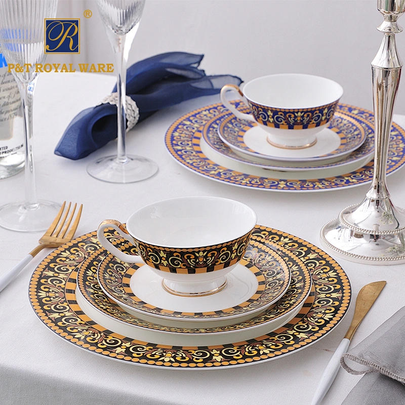 New fashion promotional gold dishes plates dinner set colorful bone china dinnerware sets