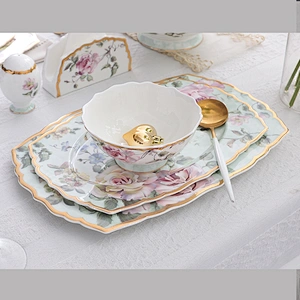 wholesale flower decal fancy gold rim decorative ceramic plate for restaurant