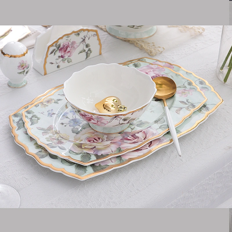 wholesale flower decal fancy gold rim decorative ceramic plate for restaurant