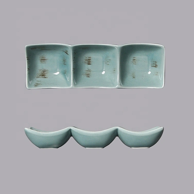 ceramic rectangular porcelain 3 compartment snack serving plates dish