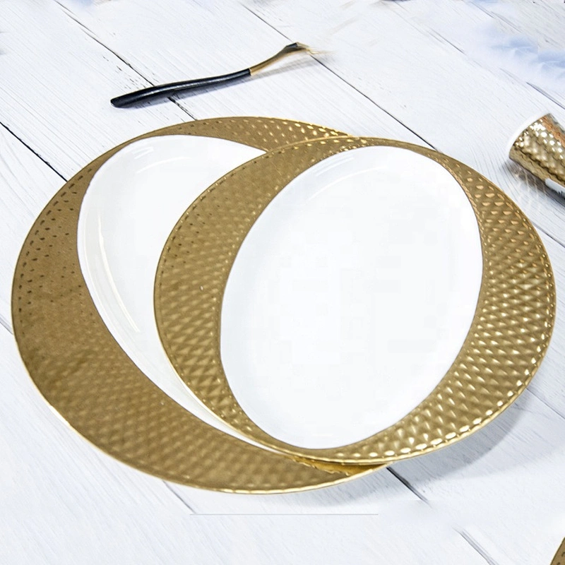 new luxury bone china golden inside oval  gold rim ceramic gold charger plates for wedding decoration