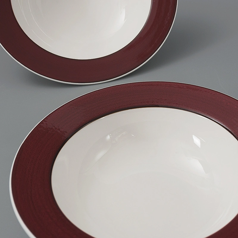 Wholesale Red Edge Round Ceramic Porcelain Restaurant Straw Hat Spaghetti Soup Bowl