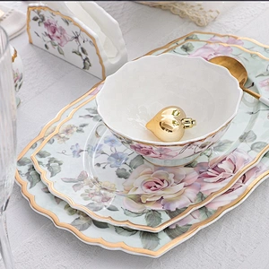 Customized restaurant floral pattern with gold rim bone china dinner plate decal luxury hotel ceramic tableware