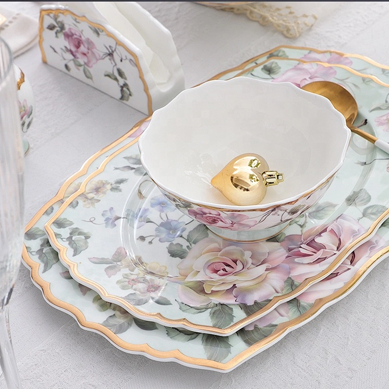 Customized restaurant floral pattern with gold rim bone china dinner plate decal luxury hotel ceramic tableware