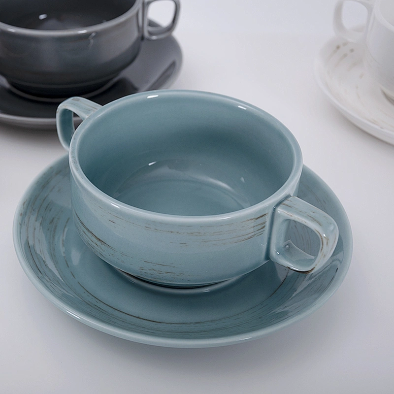 wholesale retro 260ml porcelain star hotel restaurant soup bowl with handle