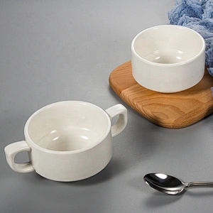 supplier hotel Restaurant Stackable white Double Handle ceramic soup bowl