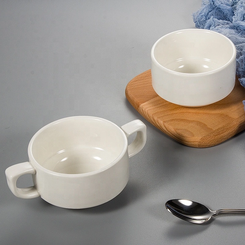 supplier hotel Restaurant Stackable white Double Handle ceramic soup bowl