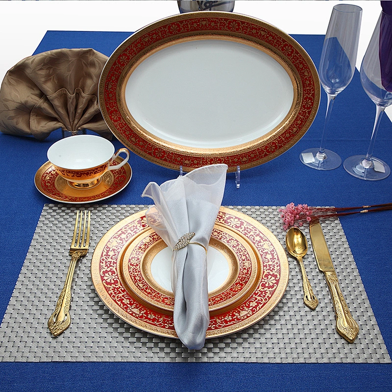 European style bone china plate Embossed gold red dinnerware oval bone china plate