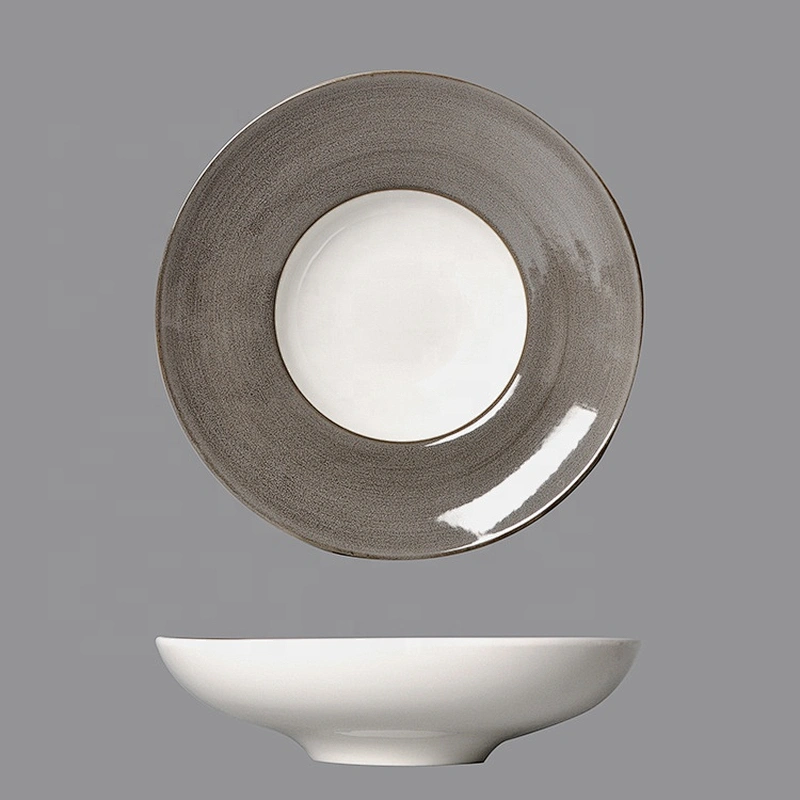 white and grey glazed ceramic deep restaurant porcelain round soup plate