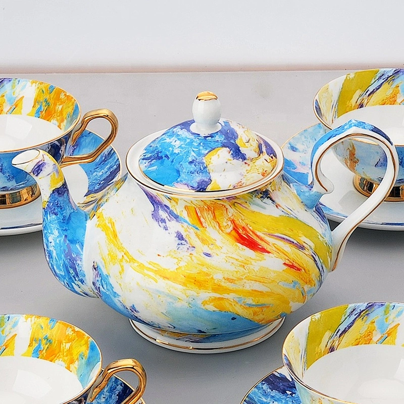 bone china factory hot sale colorful flower with golden rim coffee set tea set color design decal plates