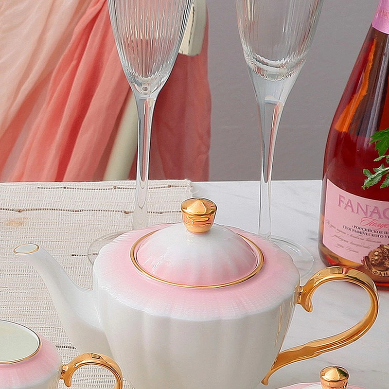 high quality ceramic pink color fine bone china coffee pot set tea cups tea pot